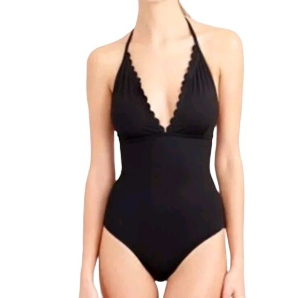J. Crew Scalloped Neckline Matte Black One Piece Tie Neck Swimsuit Womens Size 0